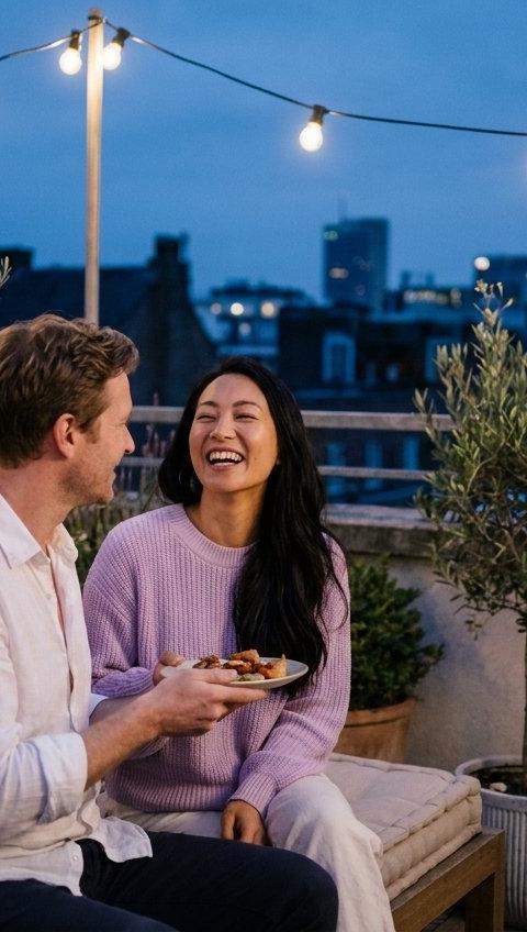 A couple laughing and sharing food on a rooftop terrace at dusk under string lights.