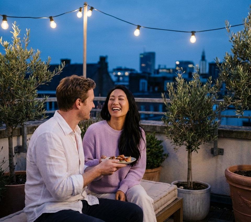 A couple laughing and sharing food on a rooftop terrace at dusk under string lights.