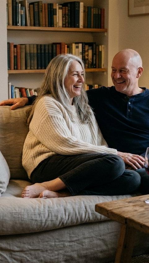 A couple in their fifties relaxing and laughing together on a sofa in a softly lit living room.