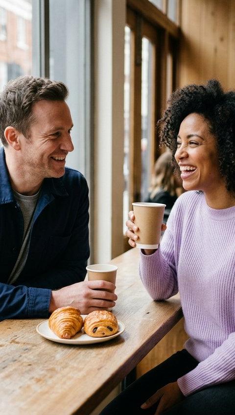 A man and a woman sharing a quick, cheerful coffee at a sunny cafe window.