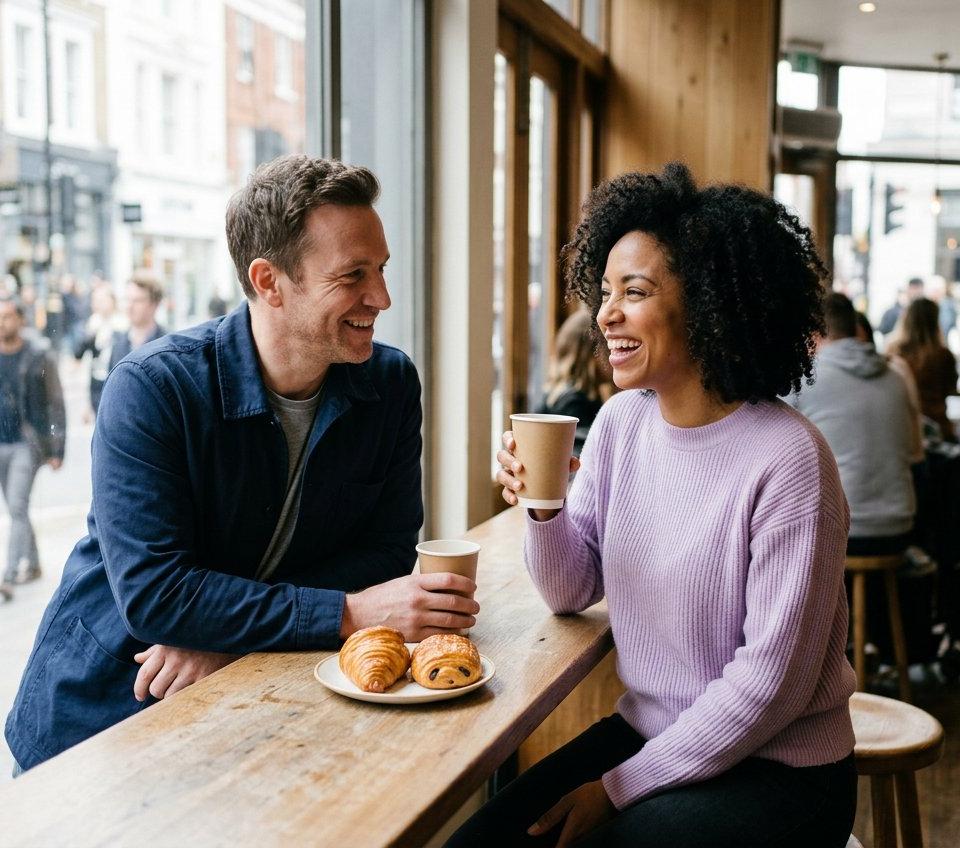 A man and a woman sharing a quick, cheerful coffee at a sunny cafe window.