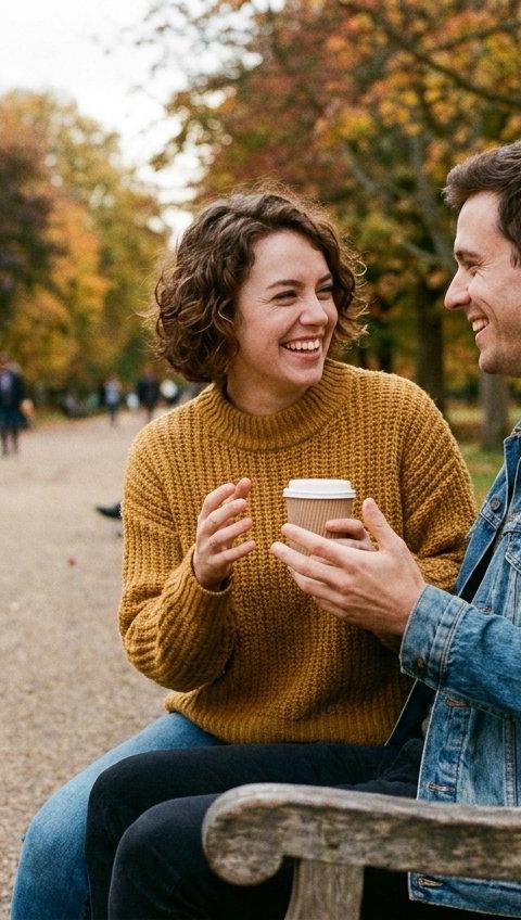 A man and a woman in their thirties smiling as they talk on a park bench.