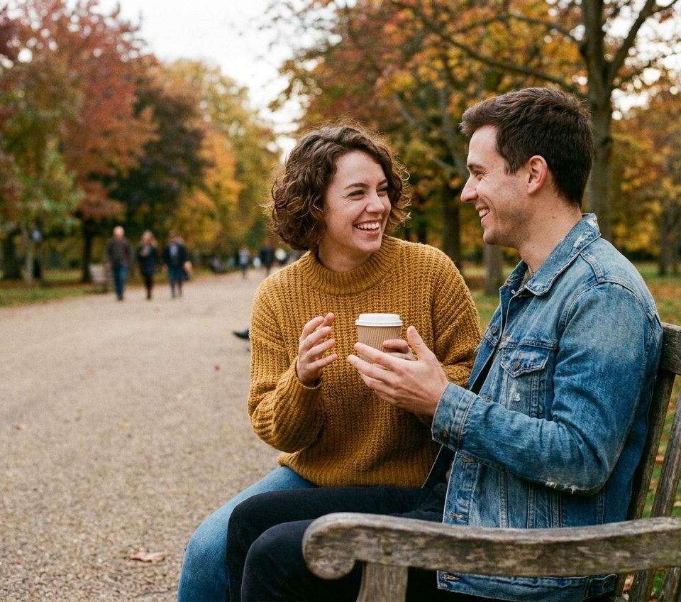 A man and a woman in their thirties smiling as they talk on a park bench.