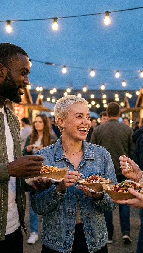 A woman in her thirties laughing with two friends at an evening food market.