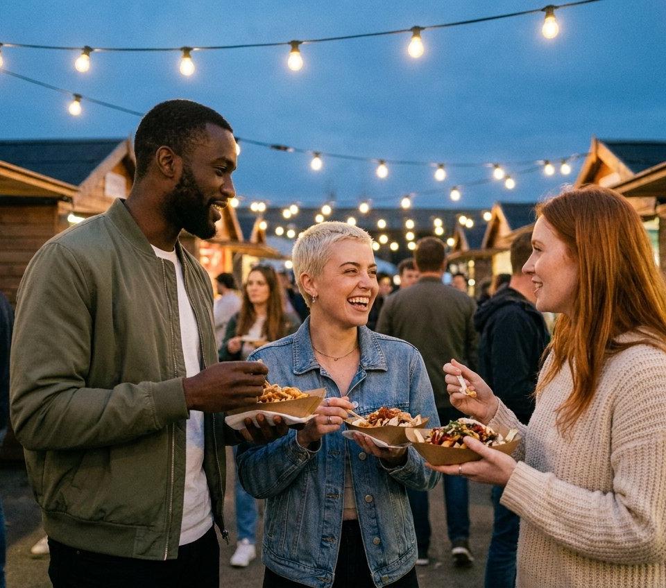 A woman in her thirties laughing with two friends at an evening food market.