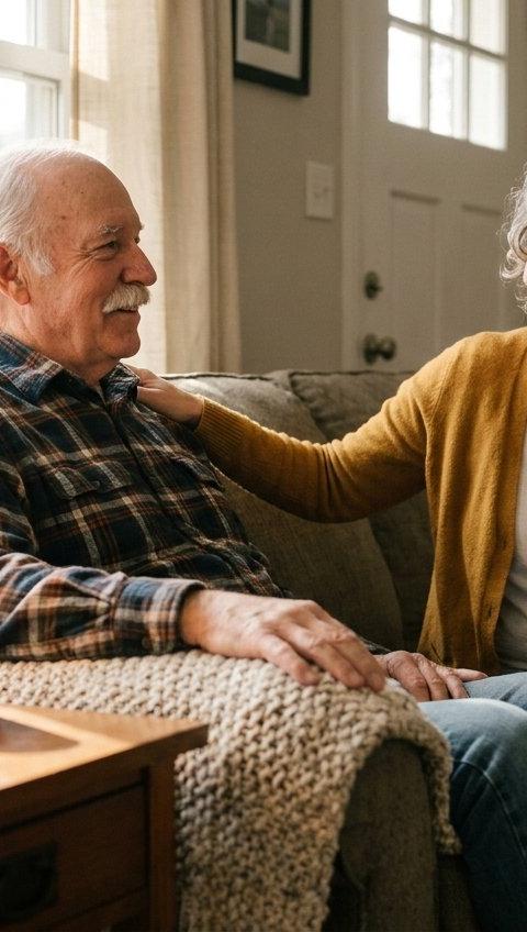 A man in his sixties smiling as a friend sits beside him on the sofa with a reassuring hand on his shoulder.
