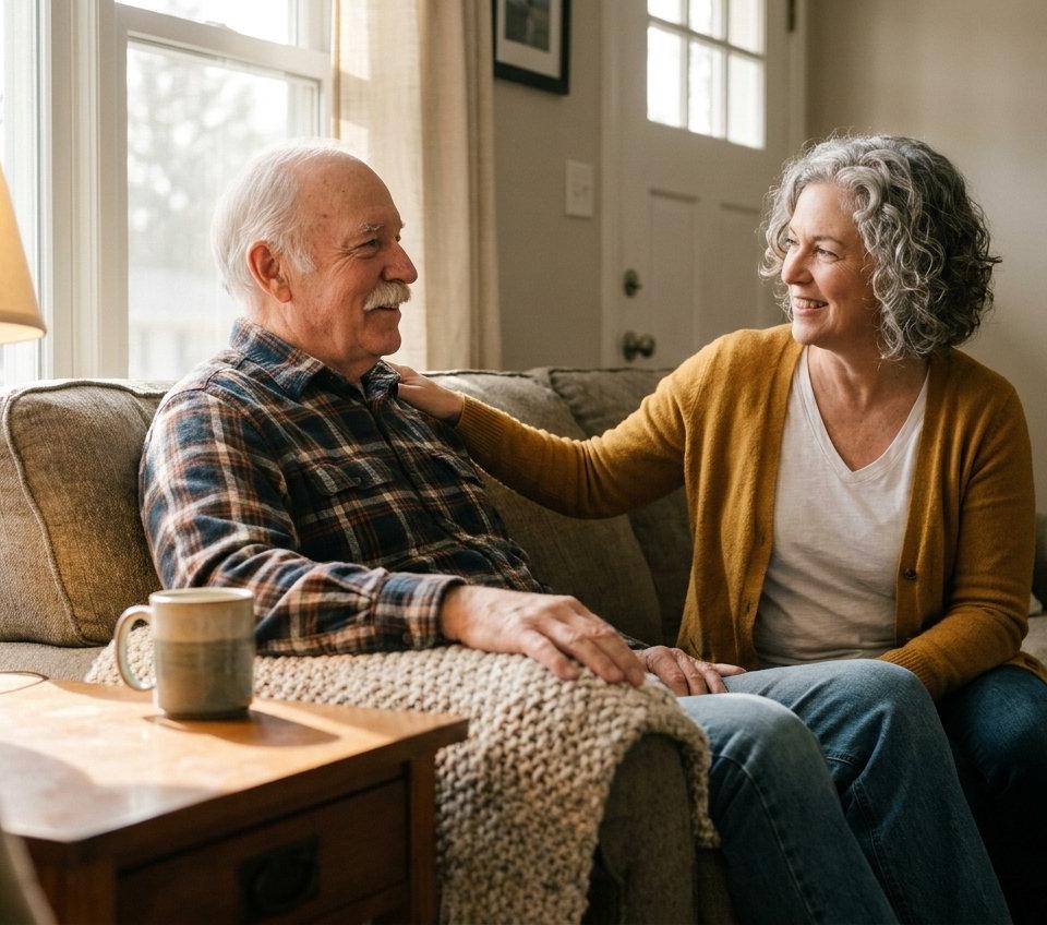 A man in his sixties smiling as a friend sits beside him on the sofa with a reassuring hand on his shoulder.