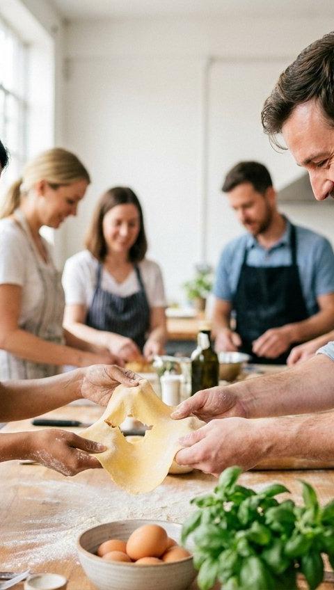 A man and a woman laughing as they roll out pasta together at a cooking class.