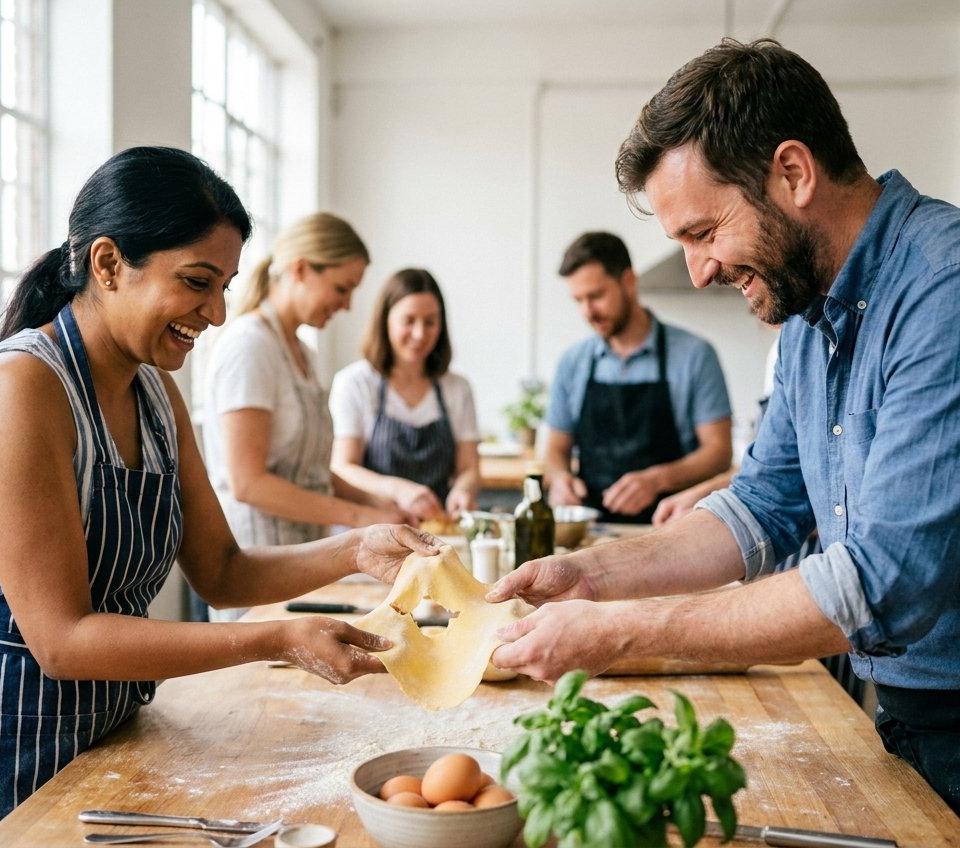 A man and a woman laughing as they roll out pasta together at a cooking class.