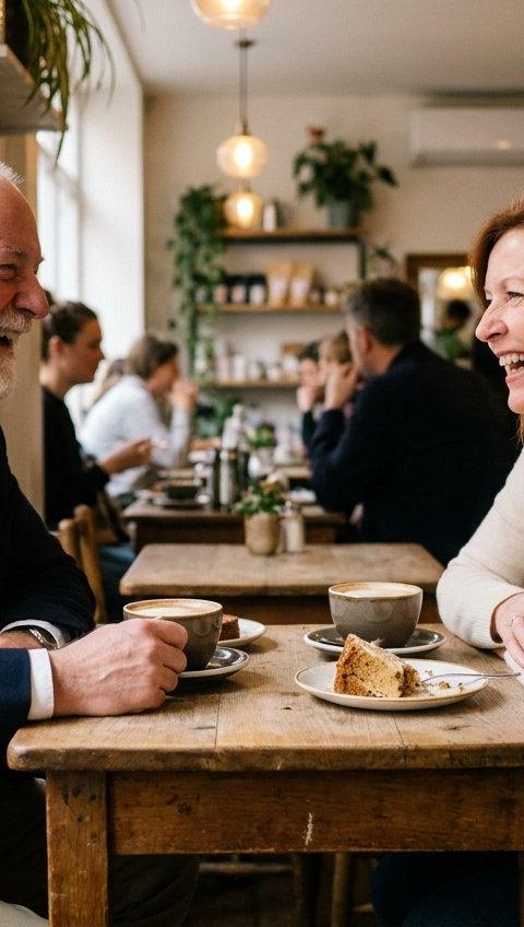 A man and a woman in their fifties laughing over coffee and cake at a cafe table.