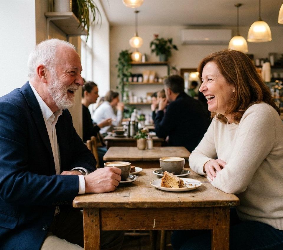 A man and a woman in their fifties laughing over coffee and cake at a cafe table.