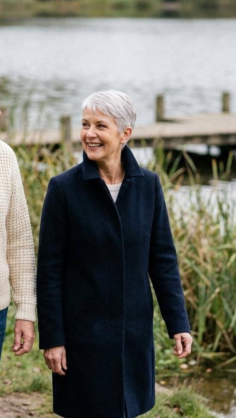 A man and a woman in their sixties walking and talking by a lake.