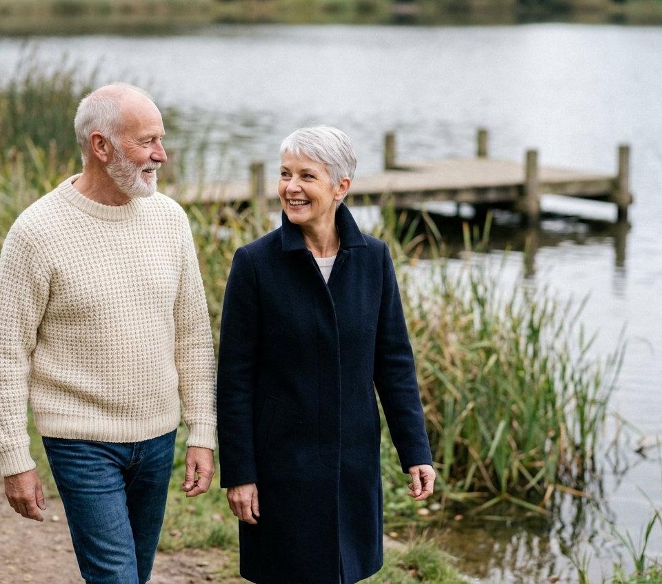 A man and a woman in their sixties walking and talking by a lake.