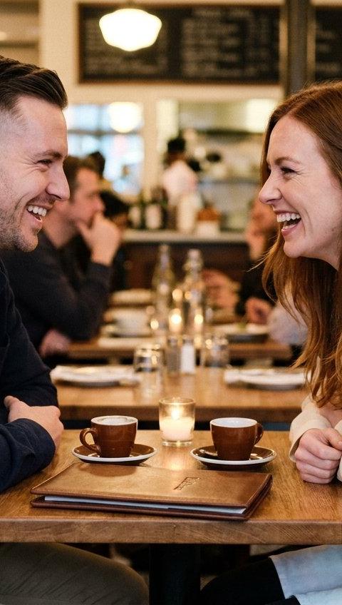 A man and a woman laughing at the end of a meal at a bistro, the bill folder on the table.