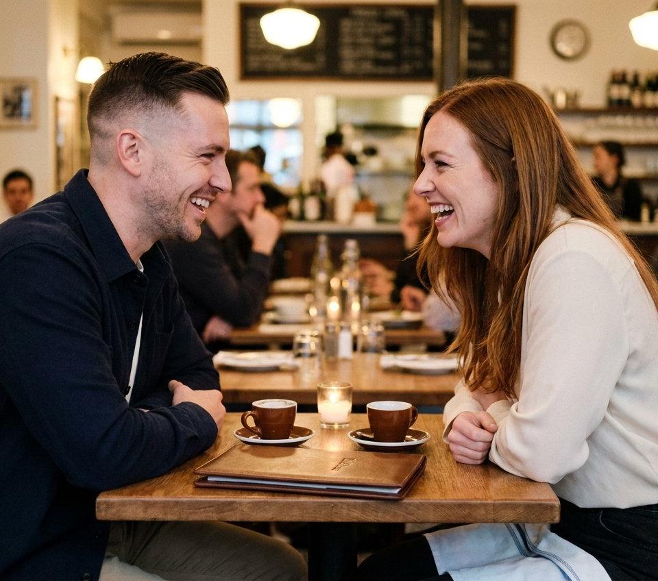 A man and a woman laughing at the end of a meal at a bistro, the bill folder on the table.